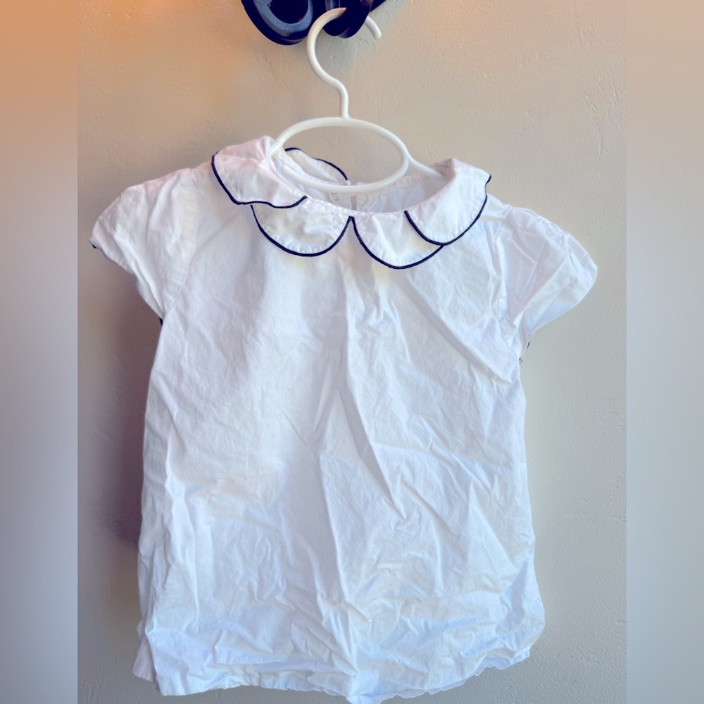 Jacadi French boutique blouse white navy button ruffle collar